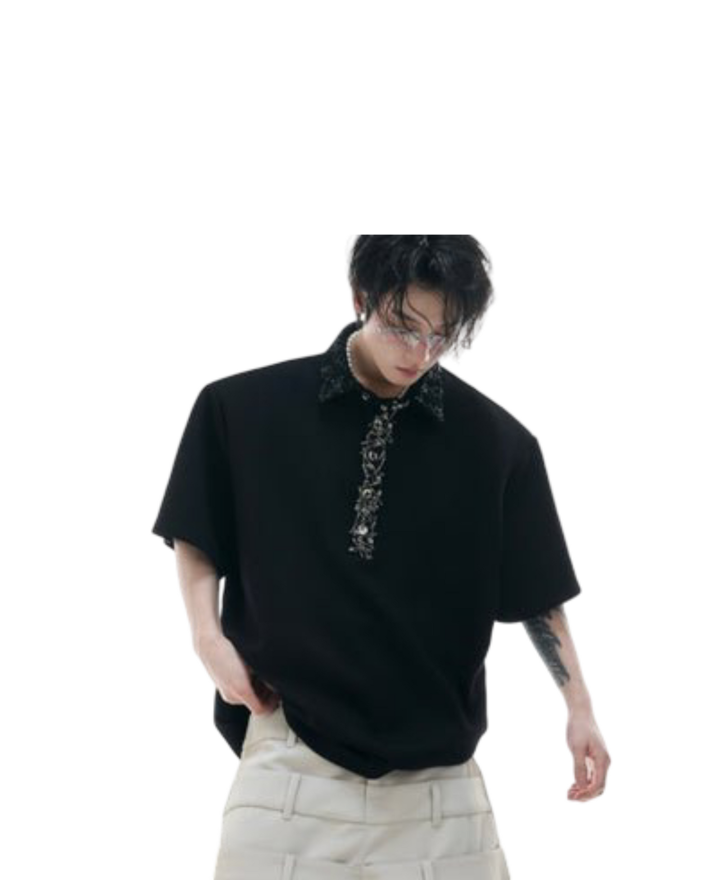 Heavy Embroidery Sequins Square Collar Short Sleeve Pin Loose Polo T-shirt