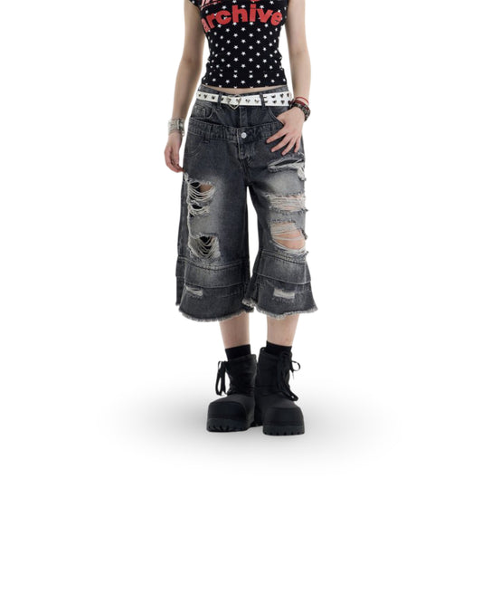 Ripped Denim Cropped Pants Women's Double Waist Loose Shorts
