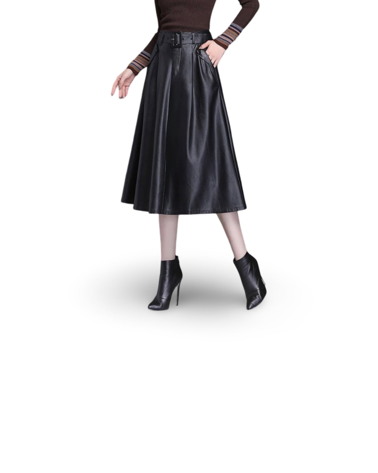 Autumn And Winter A Line PU High Waist Pleated Leather Leather Skirt
