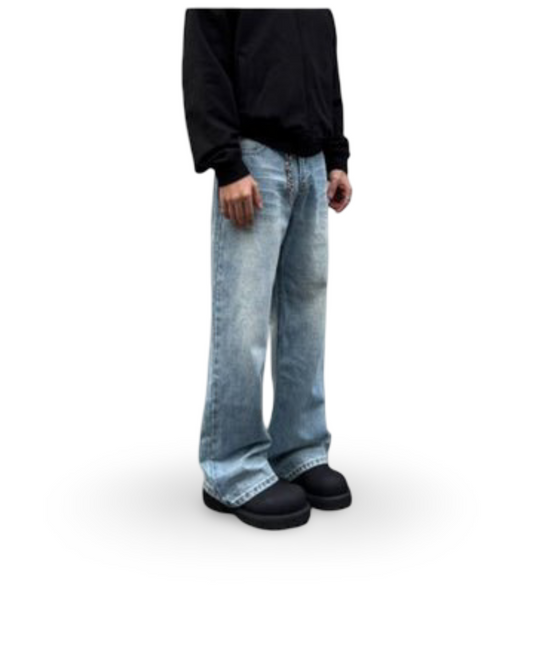 Men's Retro Whisker Washed Blue Straight Jeans