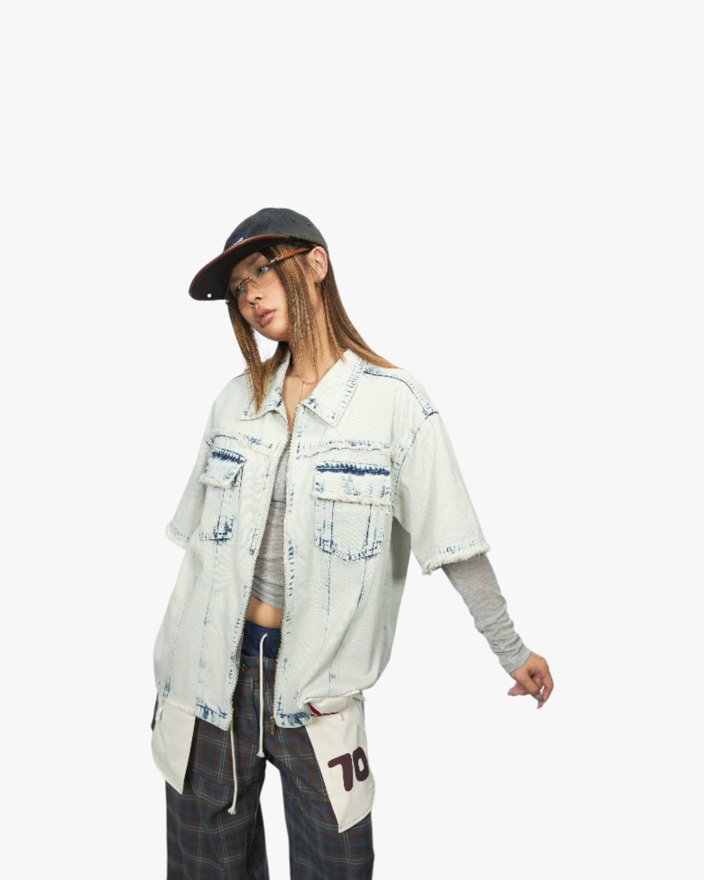 Women's Retro Washed Denim Frayed Short-sleeved Shirt