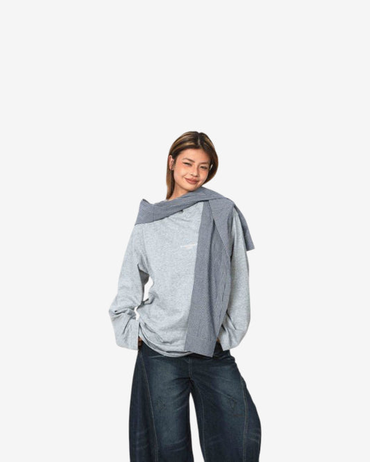 Retro Fake Two-piece Hooded Plaid Shawl Casual Long Sleeve T-shirt Top