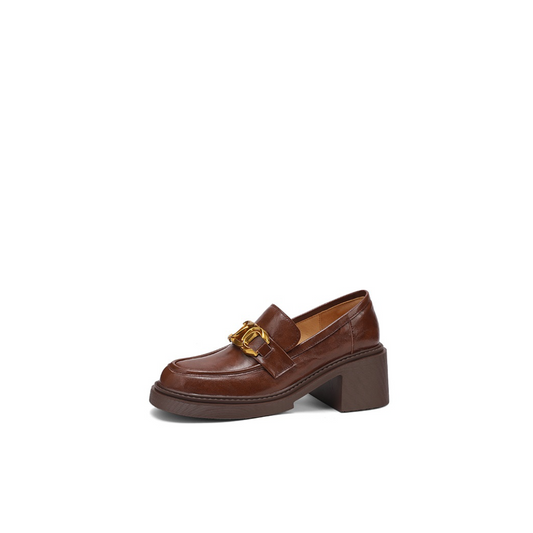 Black Leather Chain Loafer with Elevated Block Heel