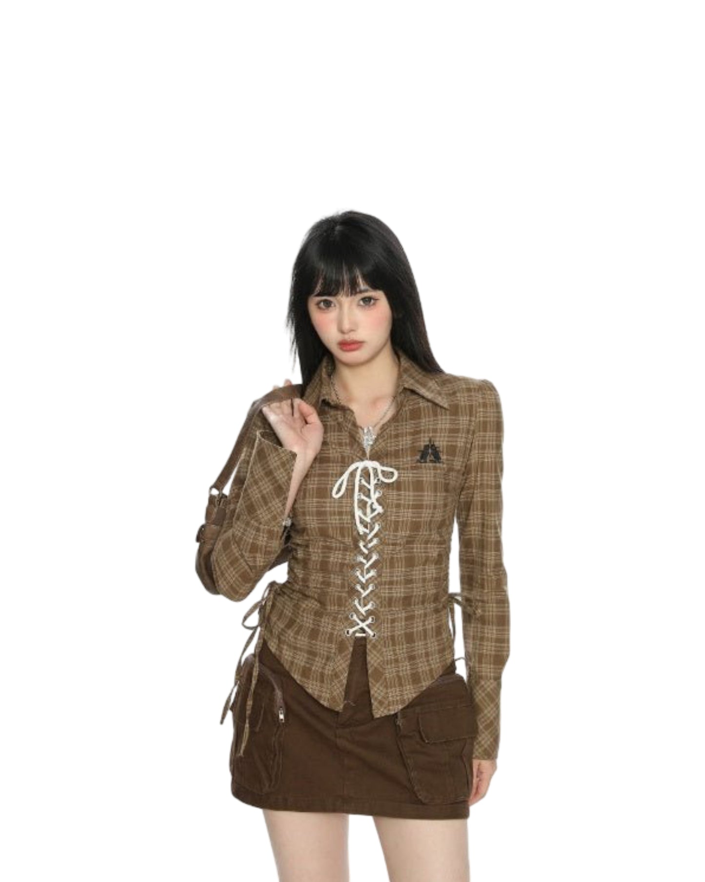 Plaid Cinched Drawstring Lace-up Shirt Women