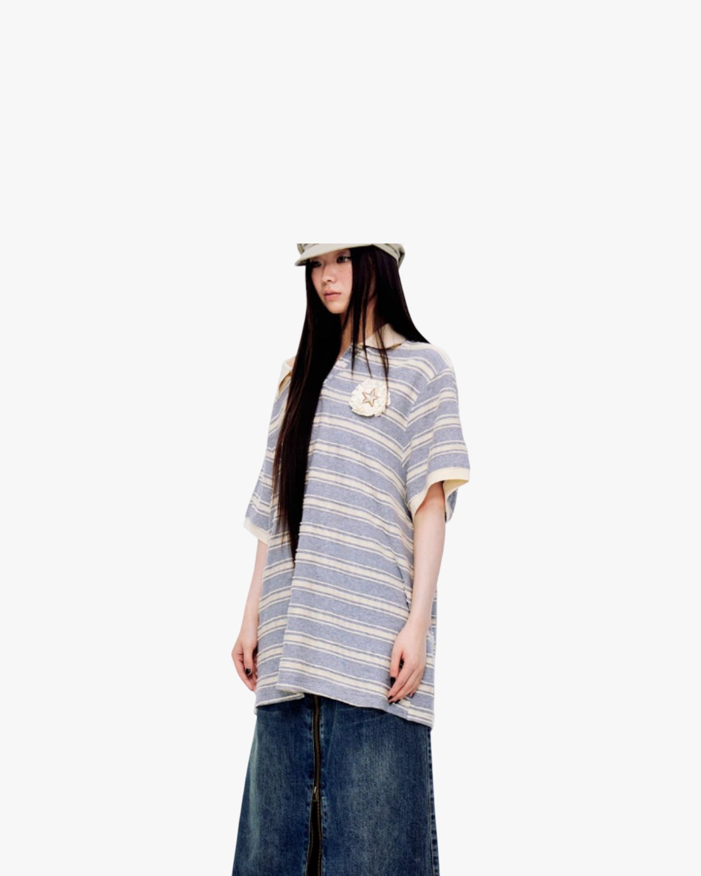 Collar 3D Striped Loose Lazy Sloping Shoulder Top