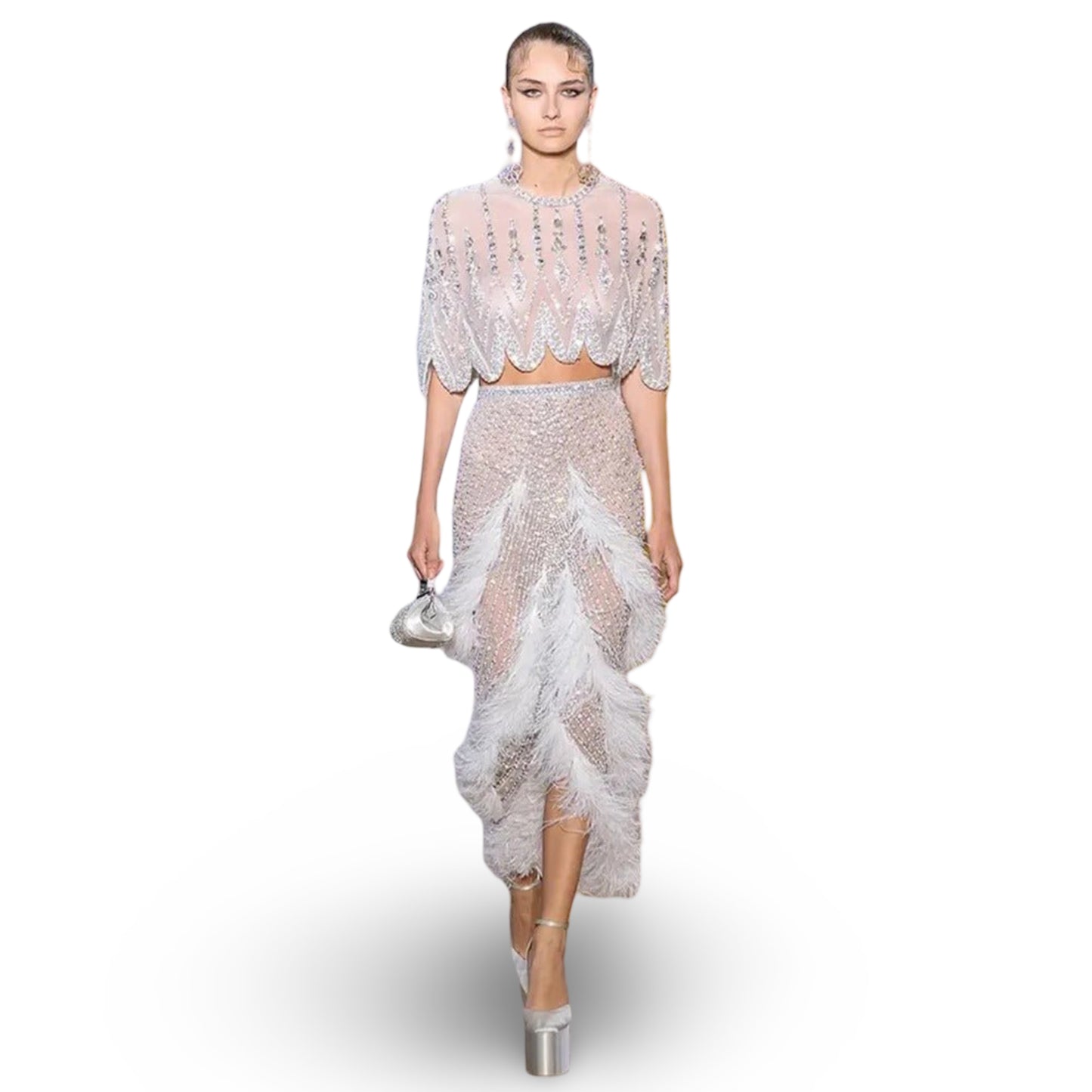 European And American Silver Nude Slim-fit Feather Shawl Host Performance Ladies' Evening Dress