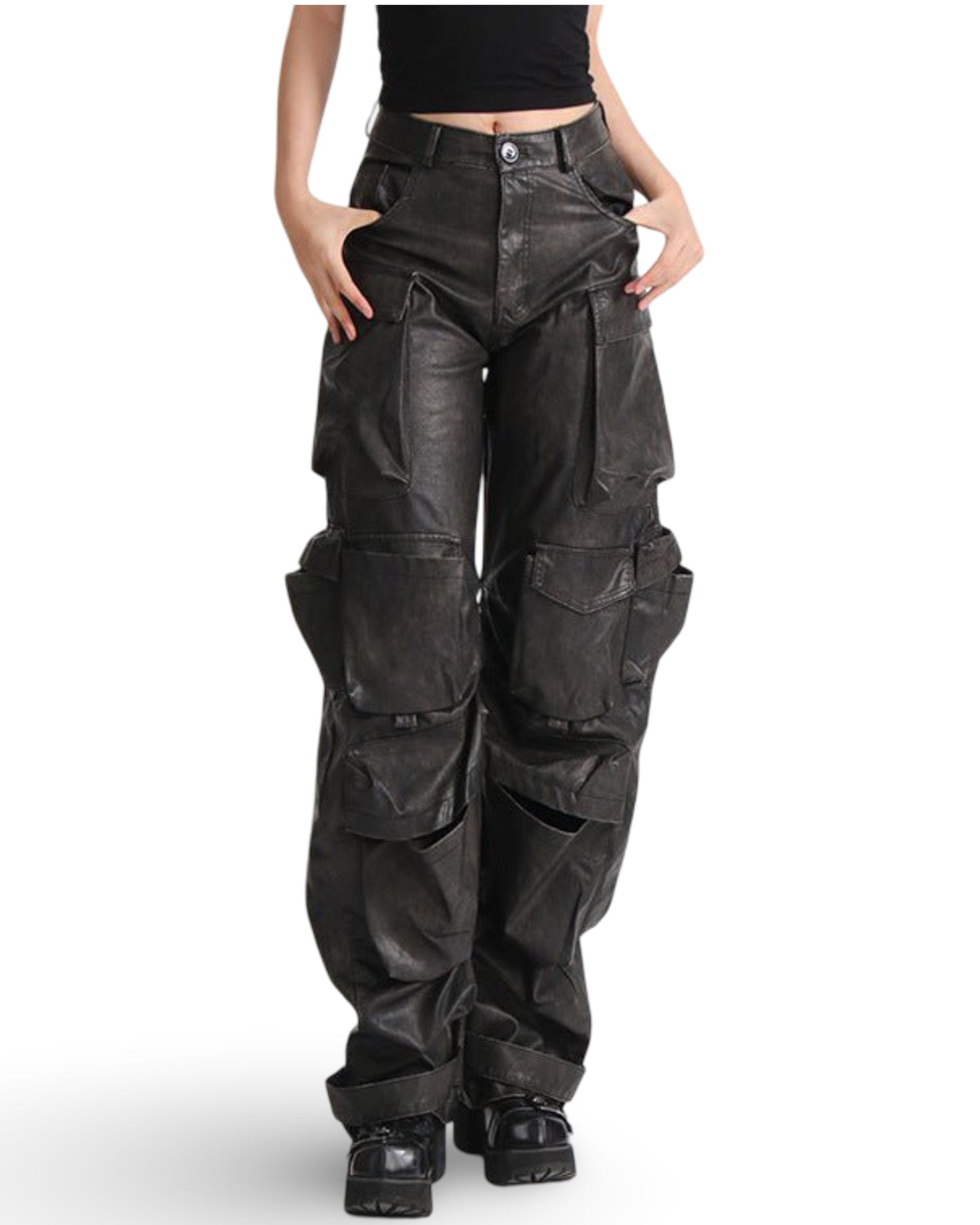 Fashion Unique Design Pocket High Waist Wide Leg Solid Color American PU Overalls