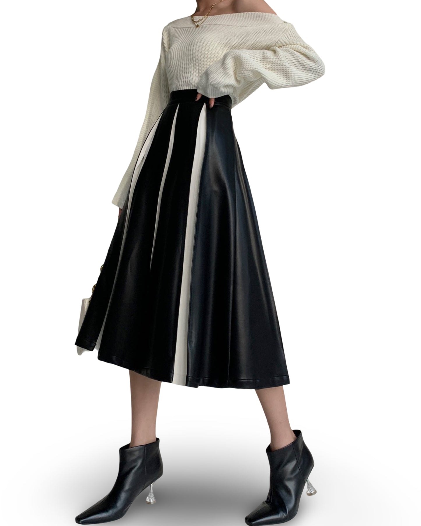 Stitching Pleated Skirt Women's PU Leather Autumn And Winter