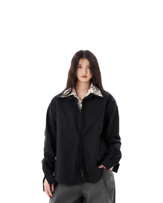 Lapel Floral False Two-piece Patchwork Loose White Long Sleeve Shirt Coat