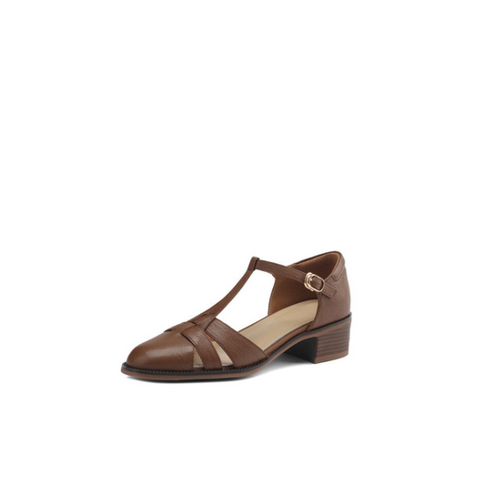 T-Strap Low Heel Shoe – First-Layer Cowhide with Pigskin Insole