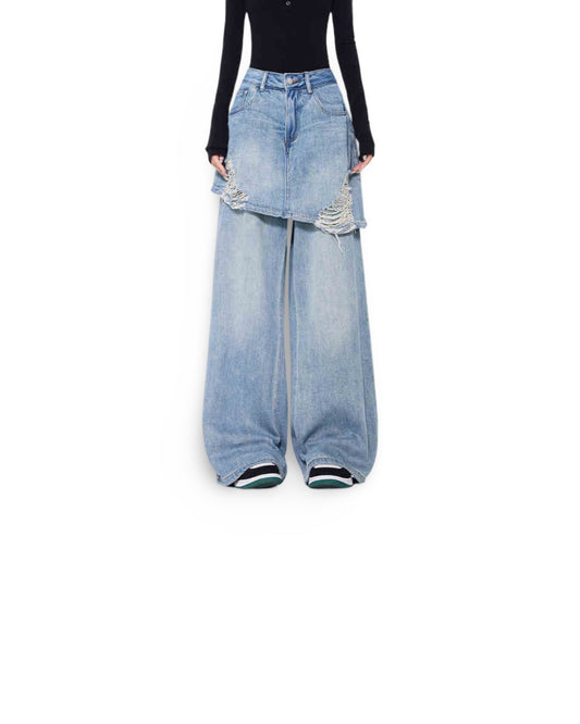 Vintage Blue Washed Fake Two-piece Jeans For Women Ripped Straight Pants