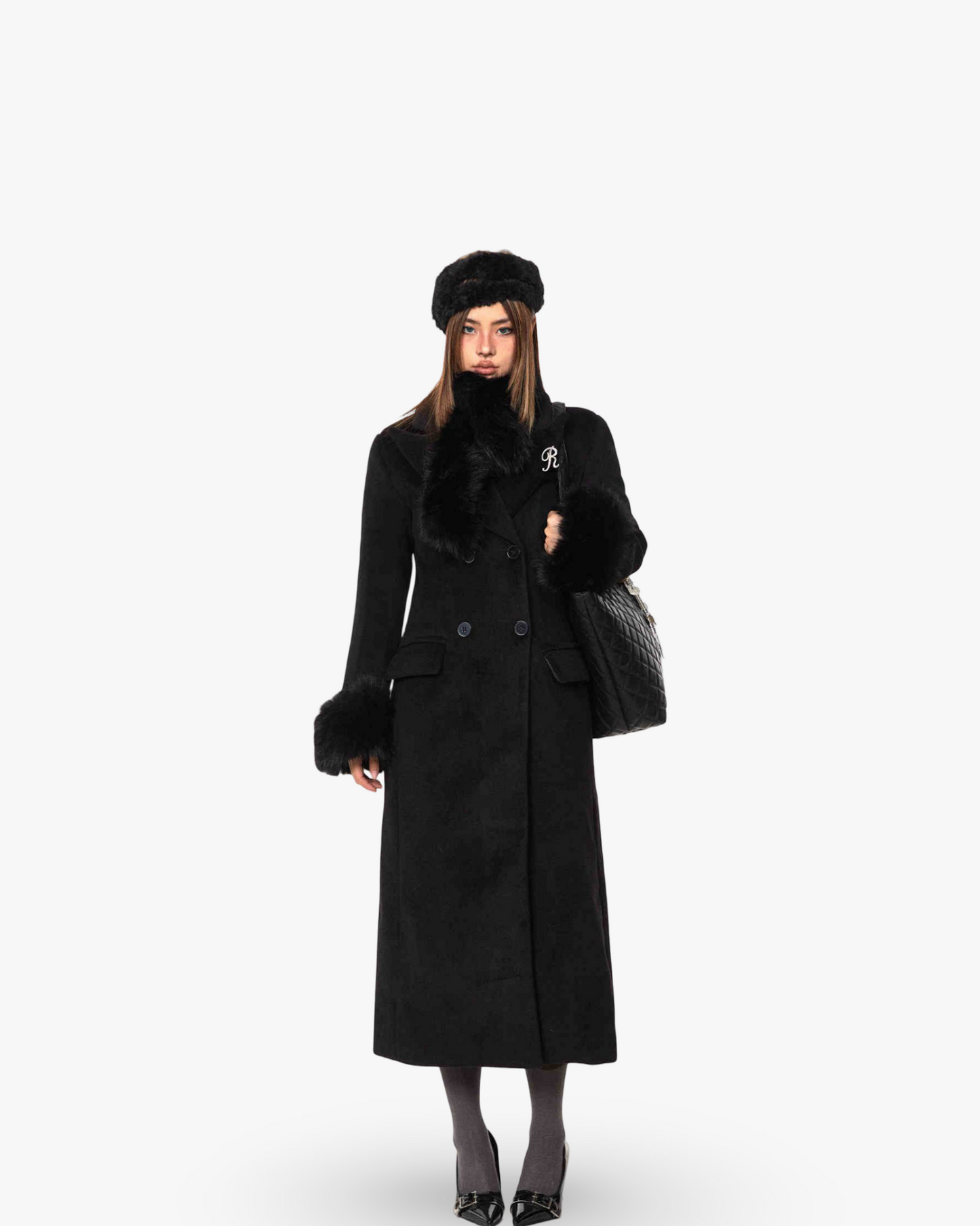 Waist-tight Woolen Fur Collar Quilted Long Overcoat Outerwear