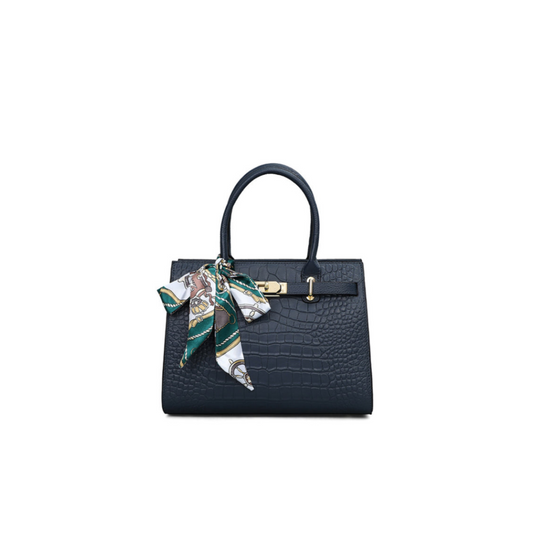Croc-Embossed Structured Cowhide Handbag with Silk Scarf Detail
