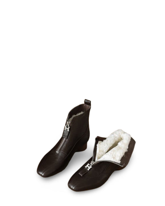 Full-grain Sheepskin Thick Heel Front Zip Ankle Boots