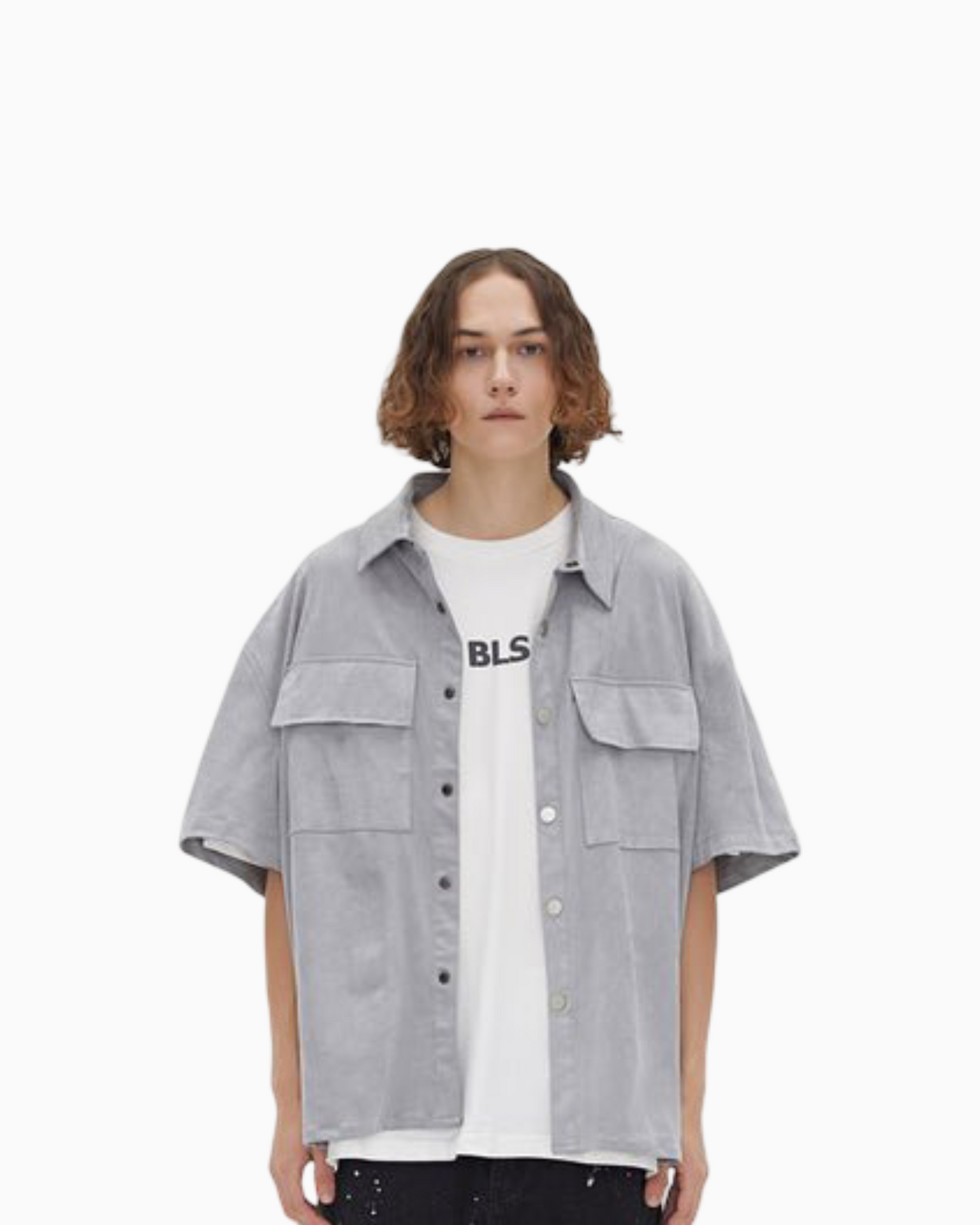 Suede Half Sleeve Shirt Jacket With Multiple Pockets