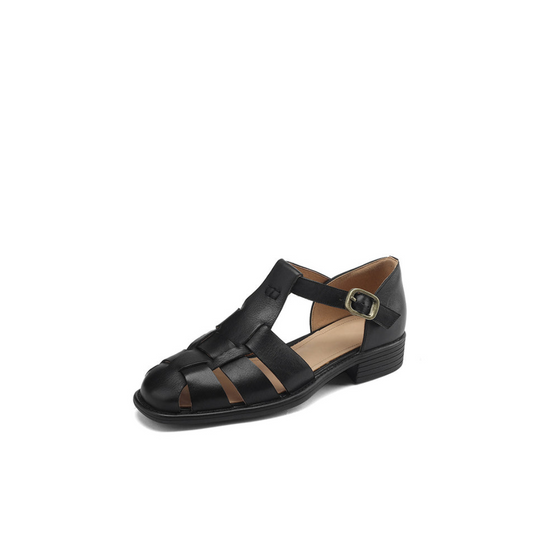 Round Toe Low Heel Leather French Retro Roman Sandals Flat Women's