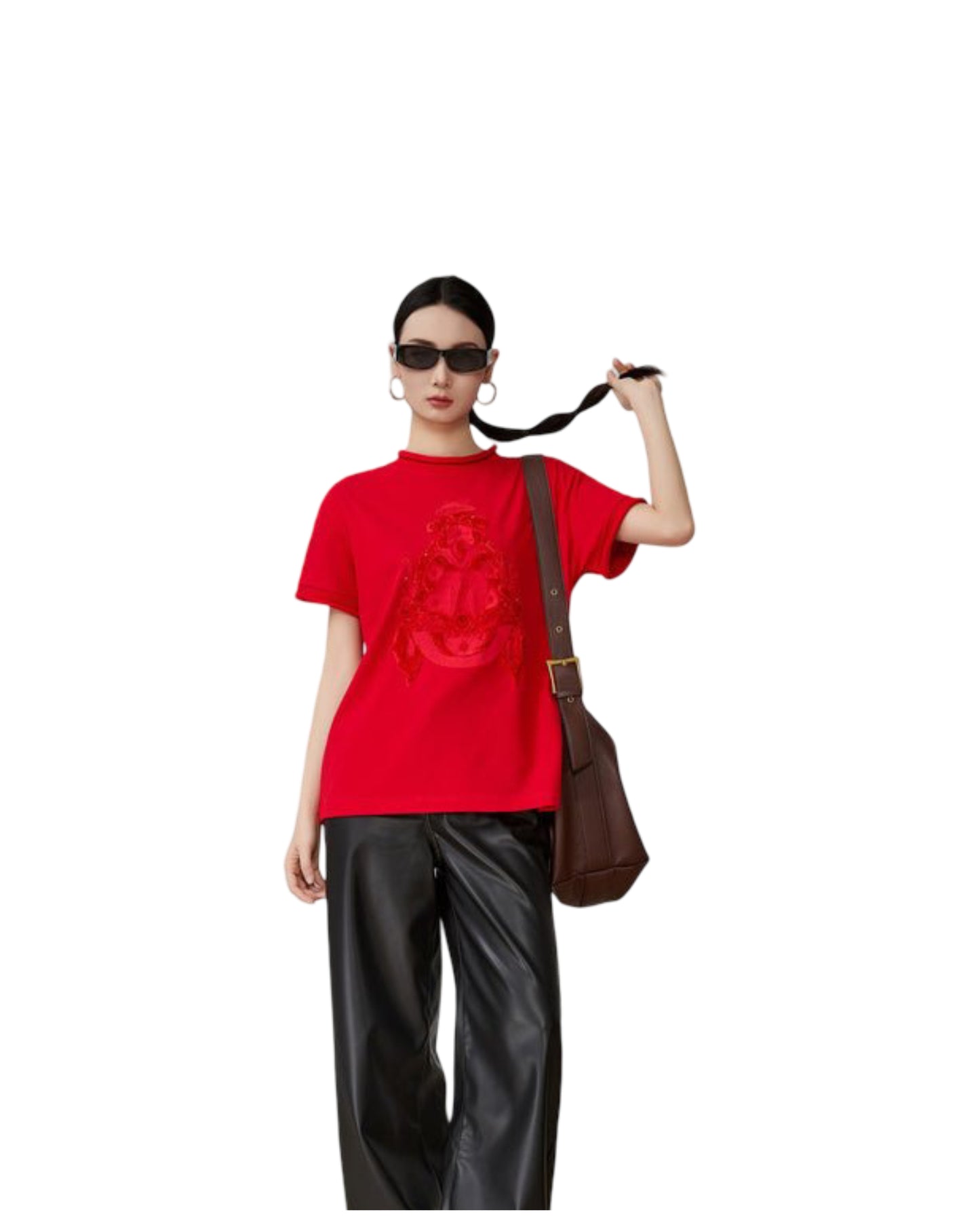 New modern Style Red Embroidery Curling Shoulder T-shirt For Women