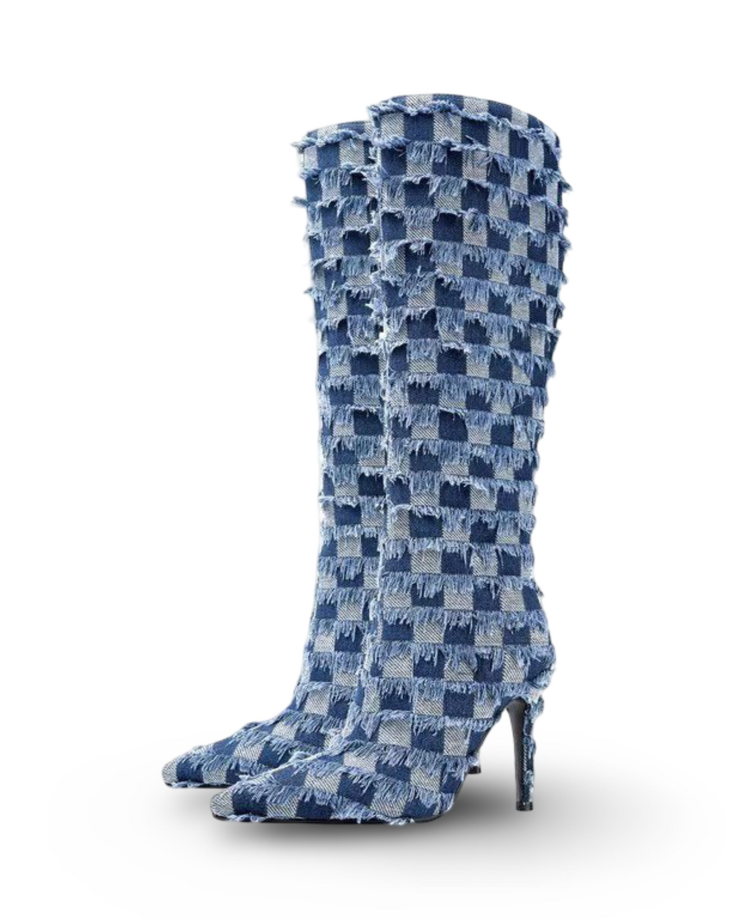 Chessboard Plaid Denim Blue Cloth Women's Boots