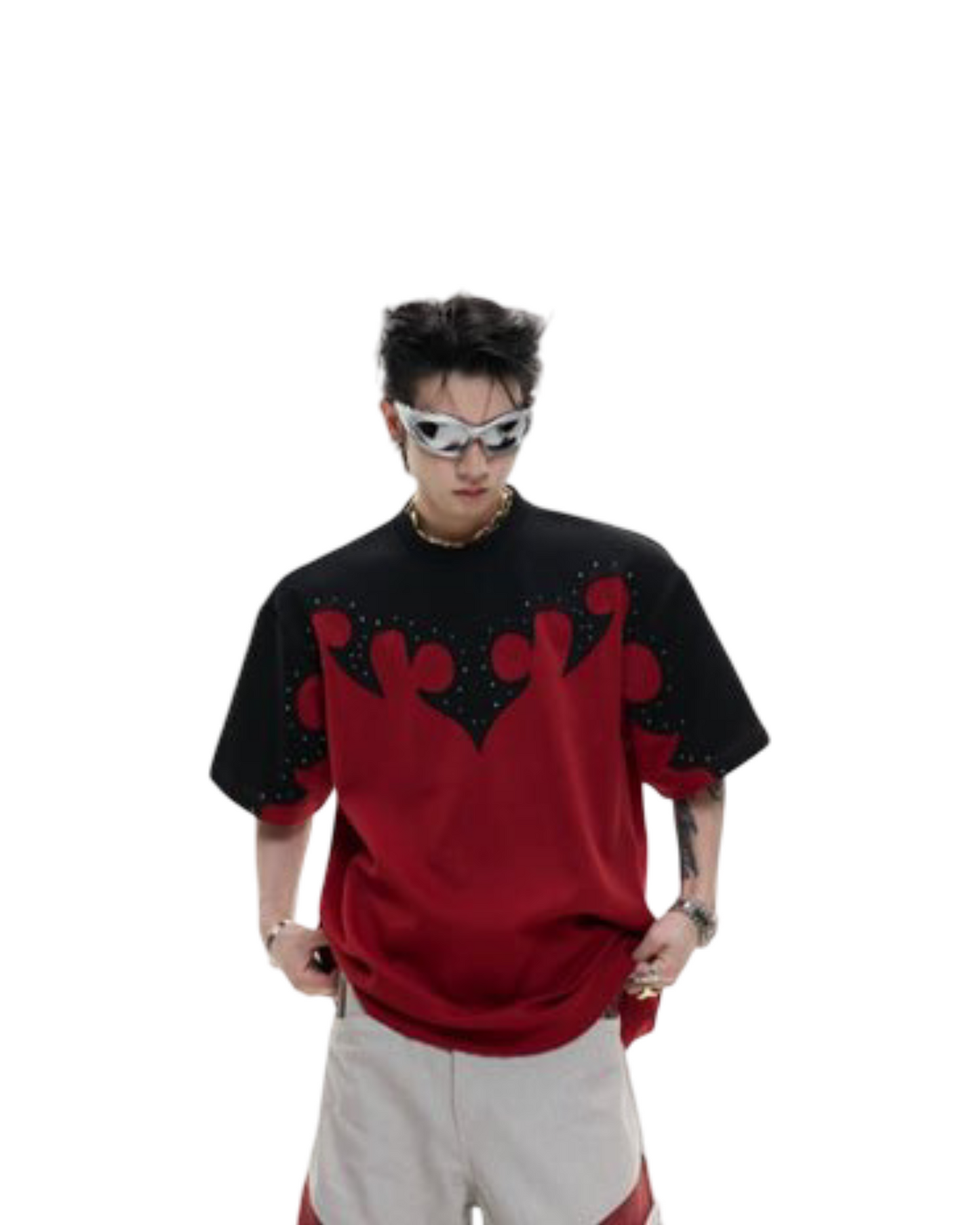 Three-dimensional Stitching Burnt Flower Round Neck Short Sleeve Men's Hot Rhinestone Heavy Cotton