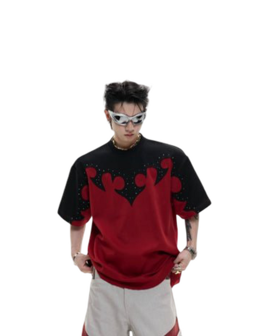 Three-dimensional Stitching Burnt Flower Round Neck Short Sleeve Men's Hot Rhinestone Heavy Cotton