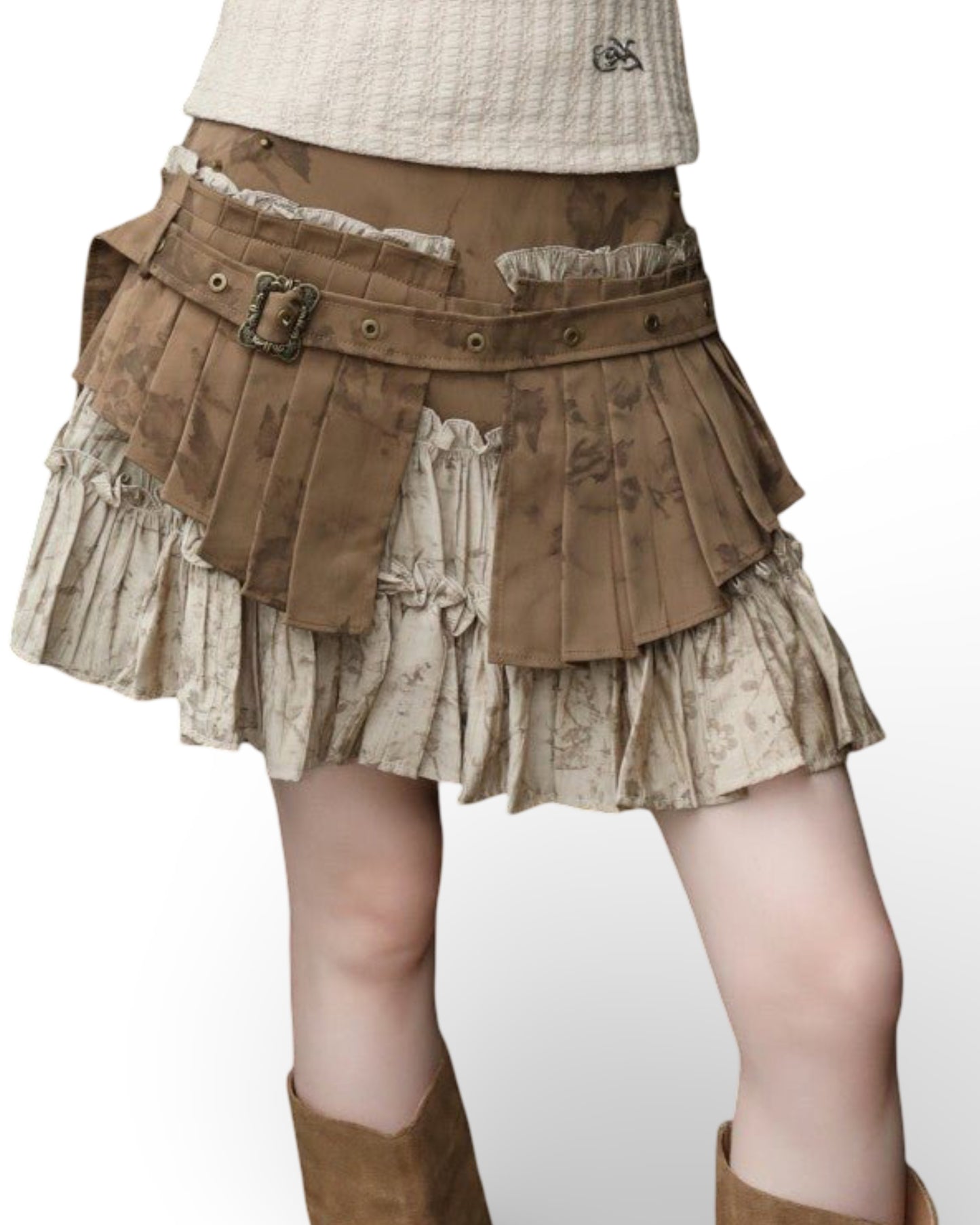 Retro Distressed Heavy Industry Fake Two-piece Pleated Skirt