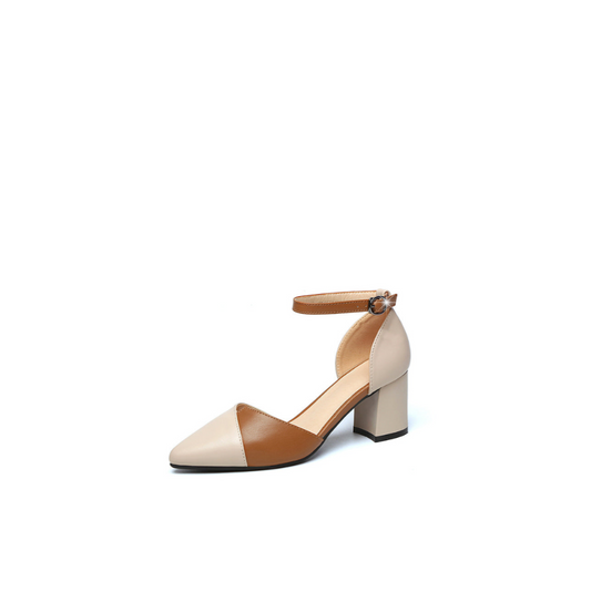 Two-Tone Ankle Strap Heel – First-Layer Cowhide & Pigskin