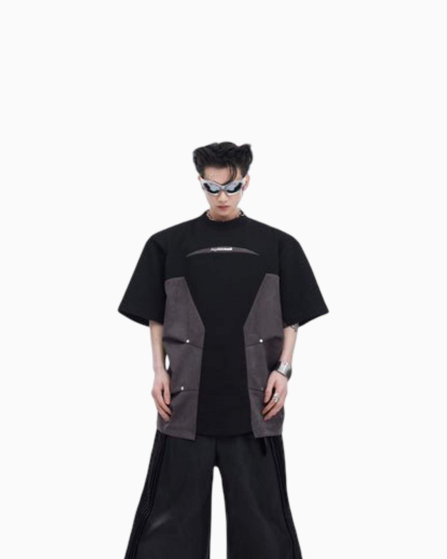 Men's Heavy Industry Niche Color Contrast Patchwork Padded Shoulder Short-sleeved T-shirt