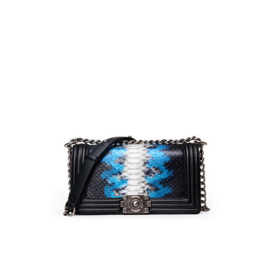 Structured Chain Shoulder Bag — First-Layer Cowhide with Embossed Panel