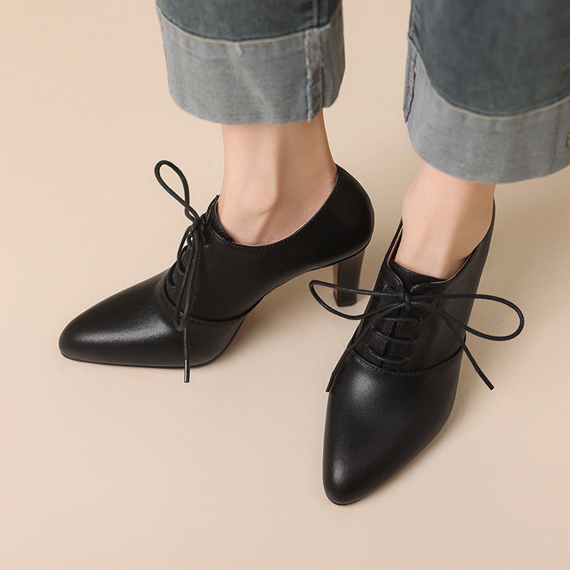High Heel Lace-up Authentic Leather British Style Pointed Leather Shoes Mid Heel Loafers