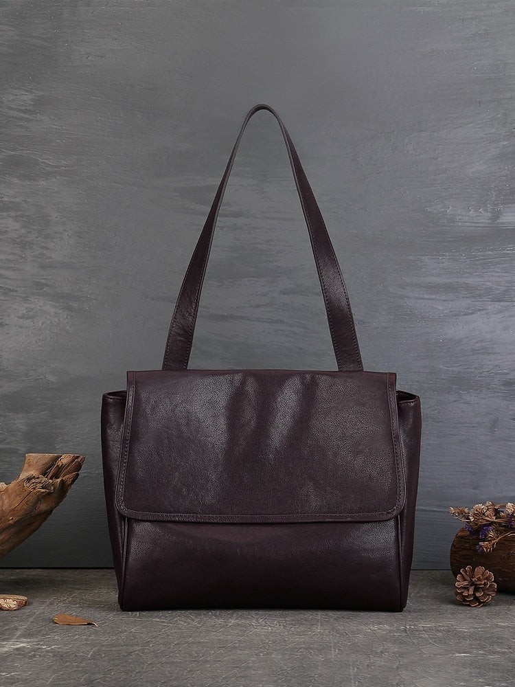 Solid Color Cowhide Tote Bag Simple Commute Shoulder Messenger Bag For Women