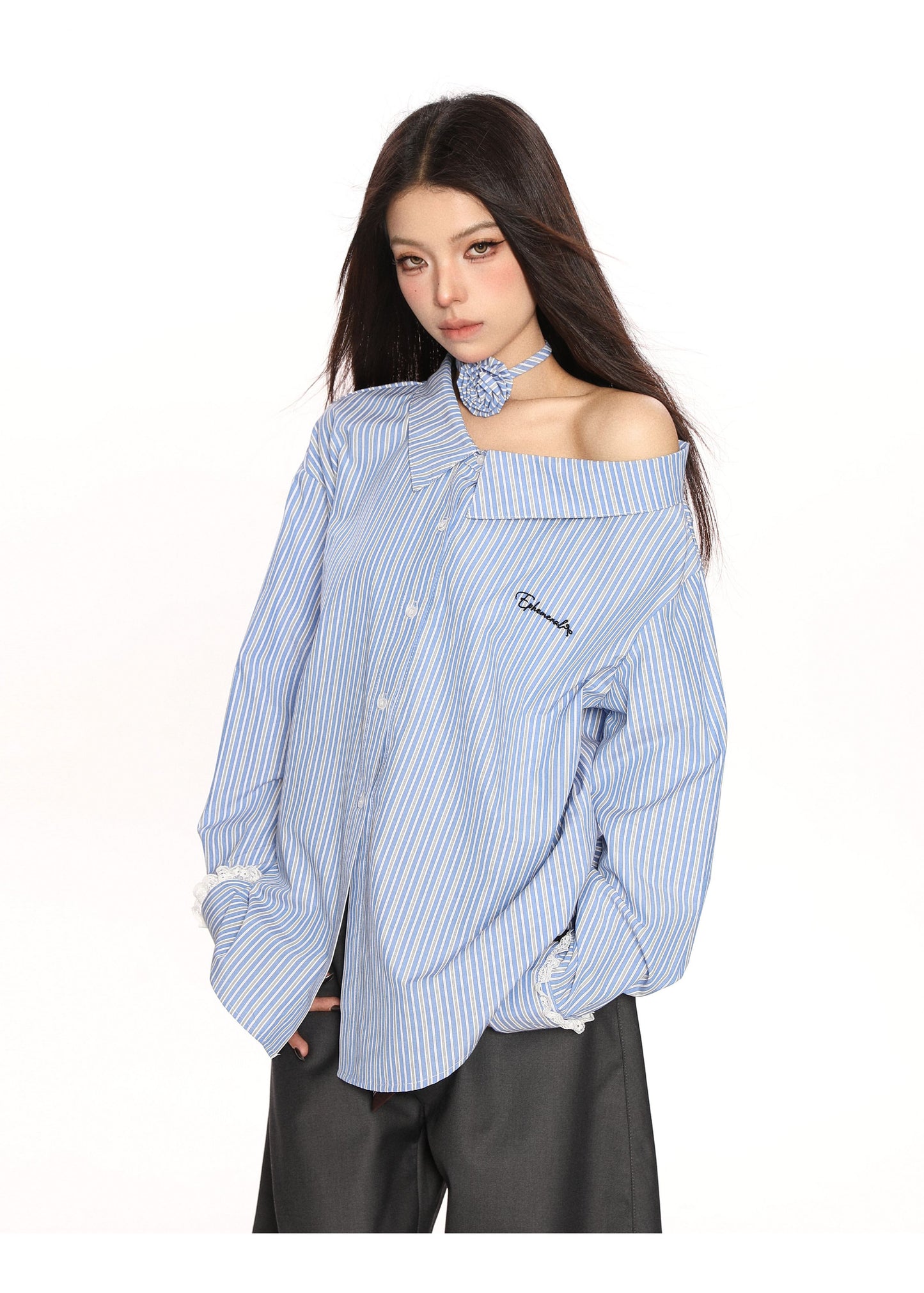 Blue Striped Shoulder Slimming Shirt Women's Long-sleeved Top