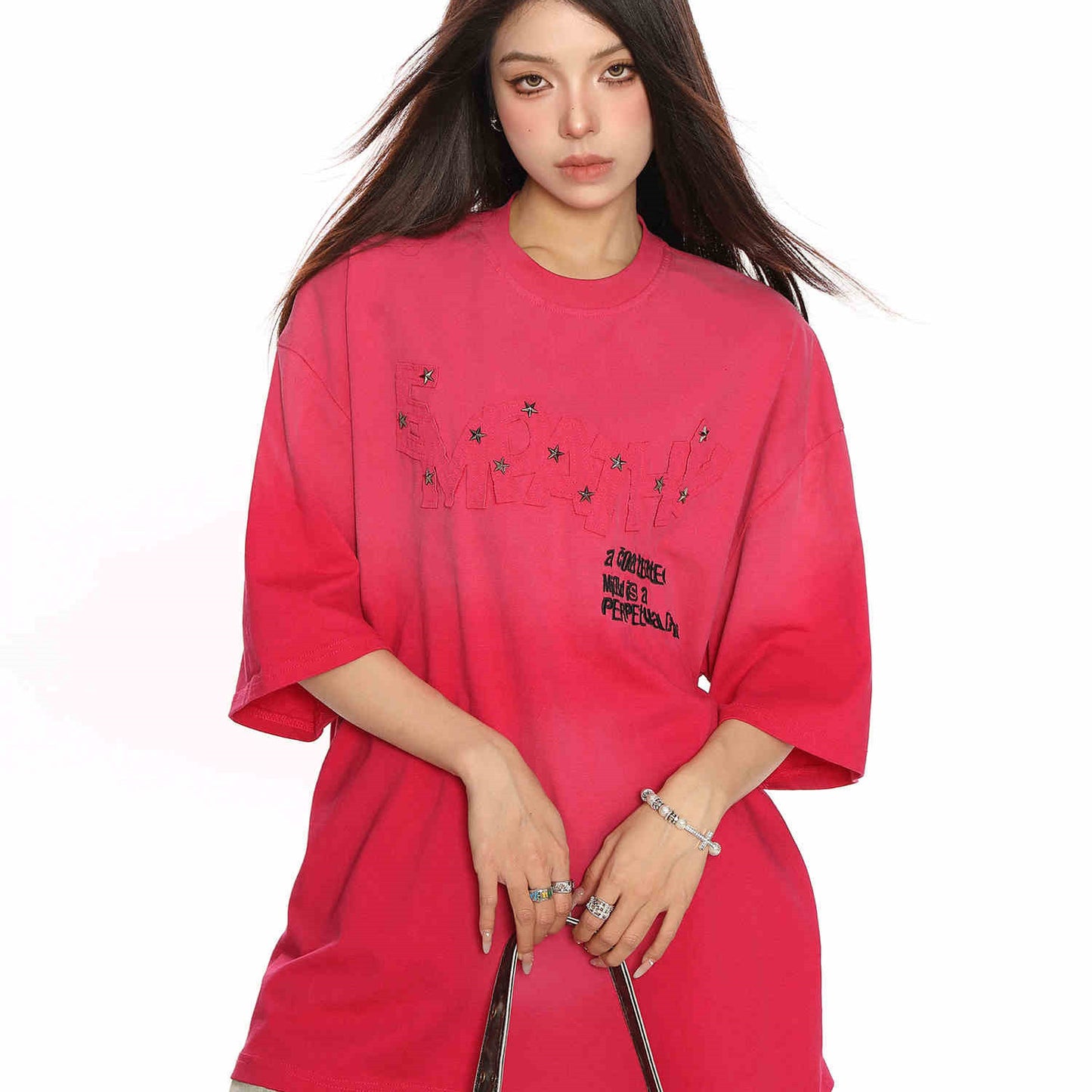 American Retro Distressed Gradient Rivet Letter Short Sleeve