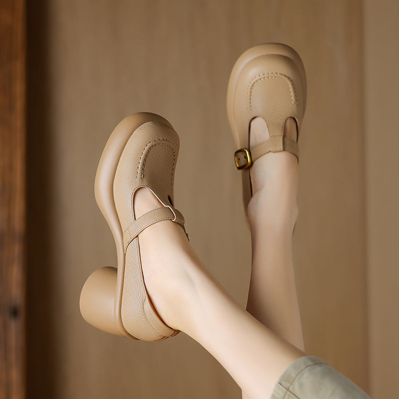 Beige Leather Mary Jane with Rounded Toe and Block Heel