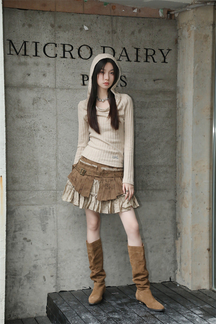 Retro Distressed Heavy Industry Fake Two-piece Pleated Skirt