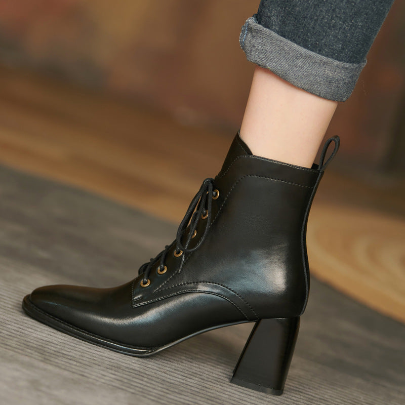 First-Layer Cowhide Block-Heel Lace Boots