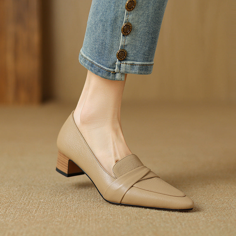 Black Leather Loafer with Low Stacked Heel