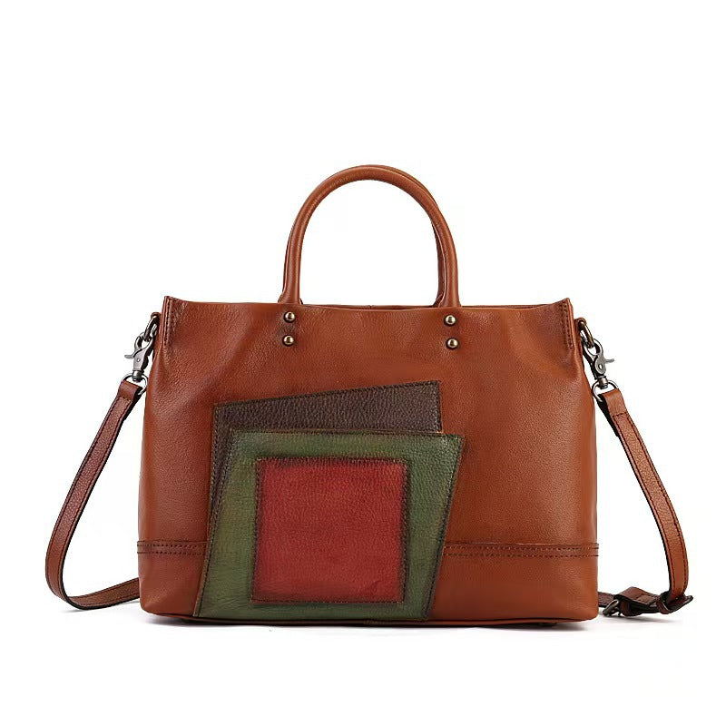 Structured Leather Tote with Layered Patch Detail