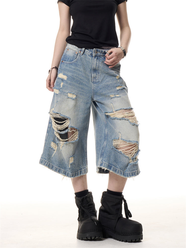 Retro Worn Looking Washed-out Ripped Cat Beard Denim Shorts