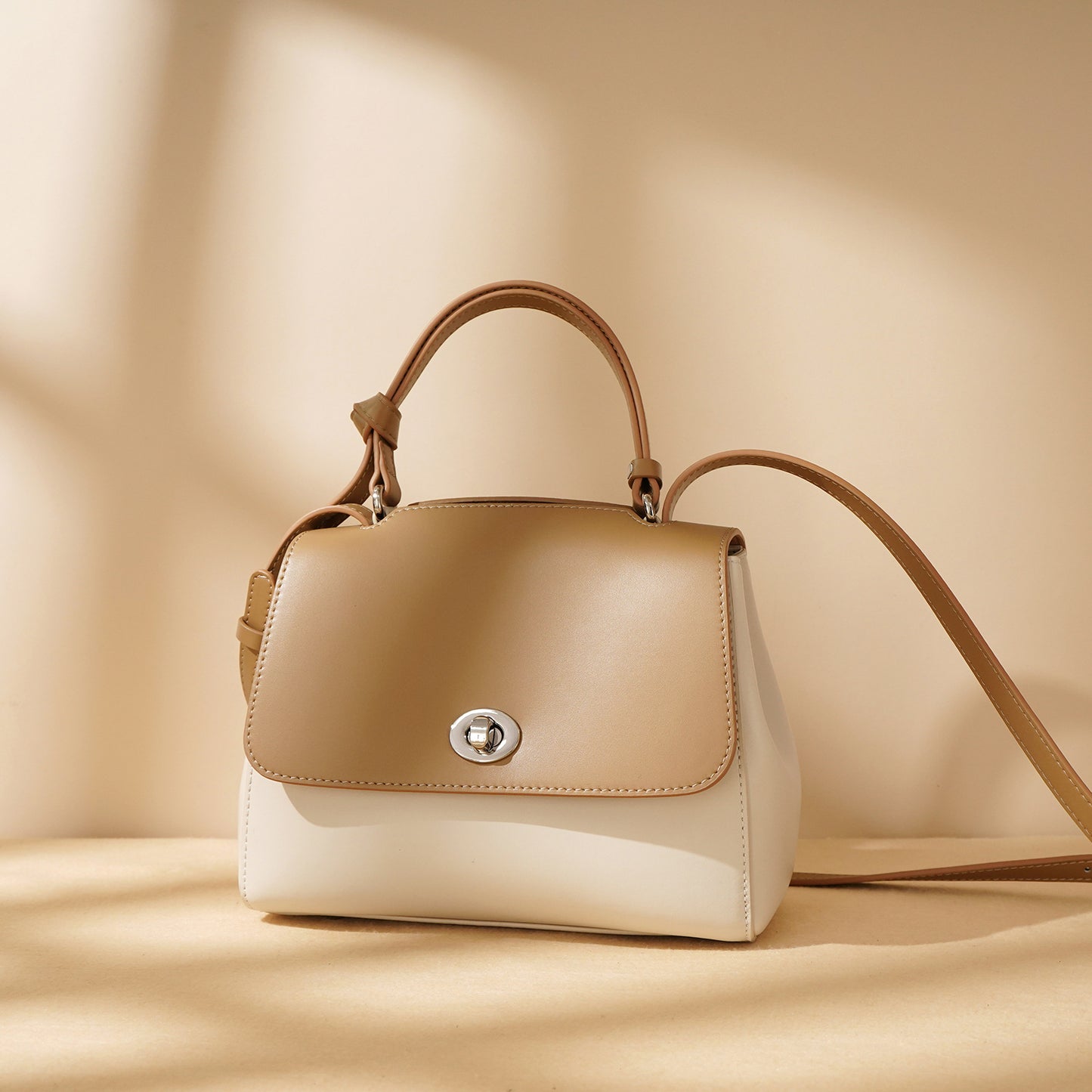 Two-Tone Structured Top-Handle Bag in Two-Layer Cowhide Leather