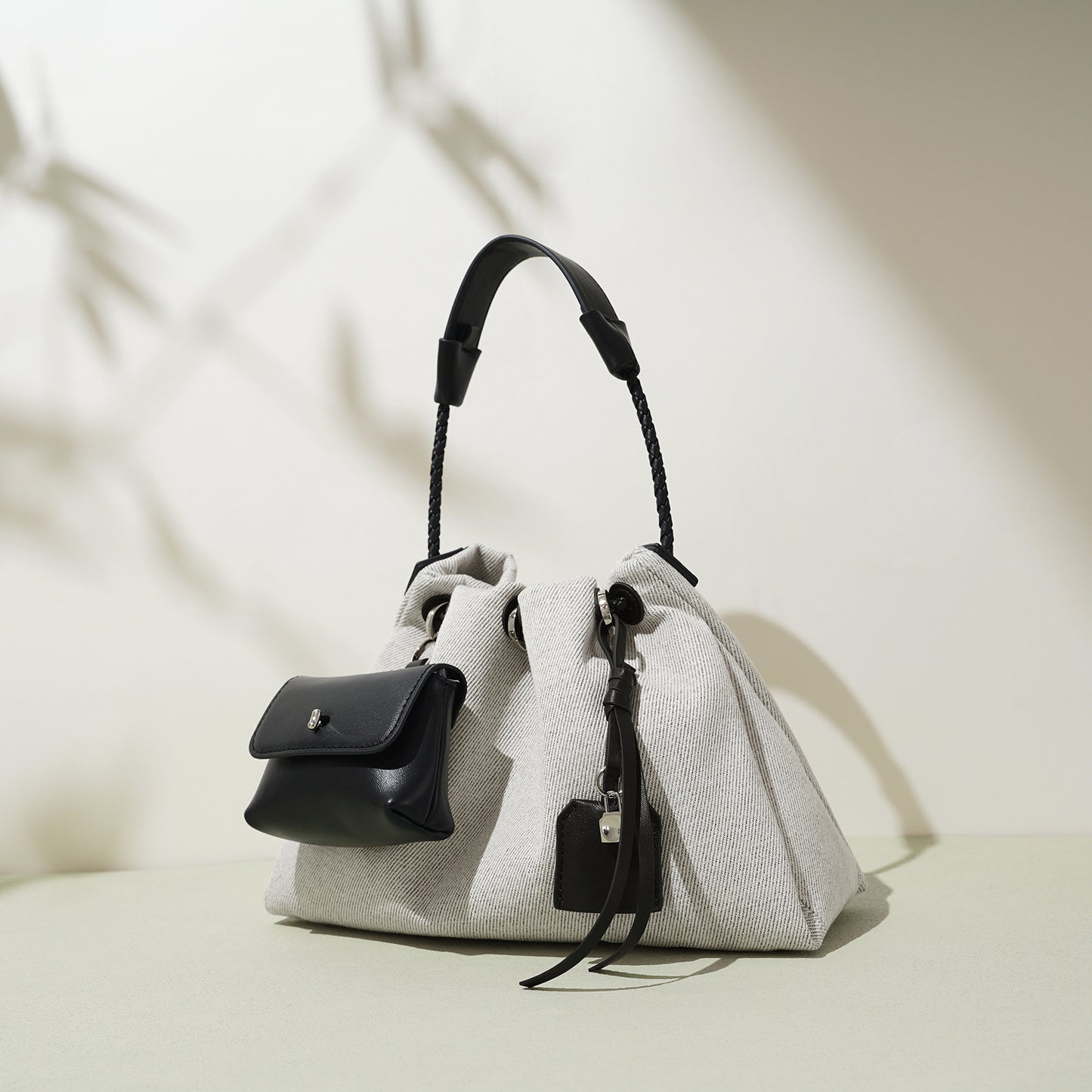 Canvas Drawstring Bucket Bag with First-Layer Cowhide Trim —
