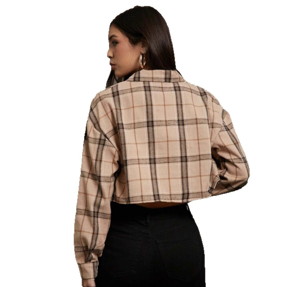 European And American Women's Clothing Short Long Sleeve Plaid Cropped Hot Girl Lapel Shirt