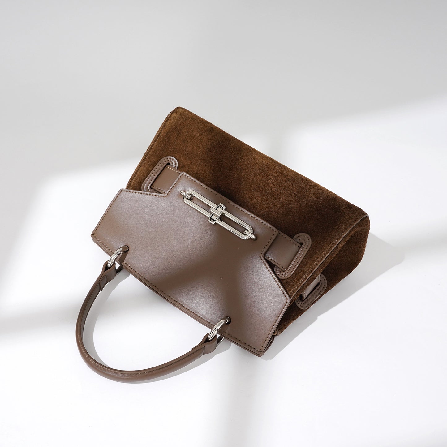 Structured Top-Handle Bag in Matte Cowhide with Suede Panel