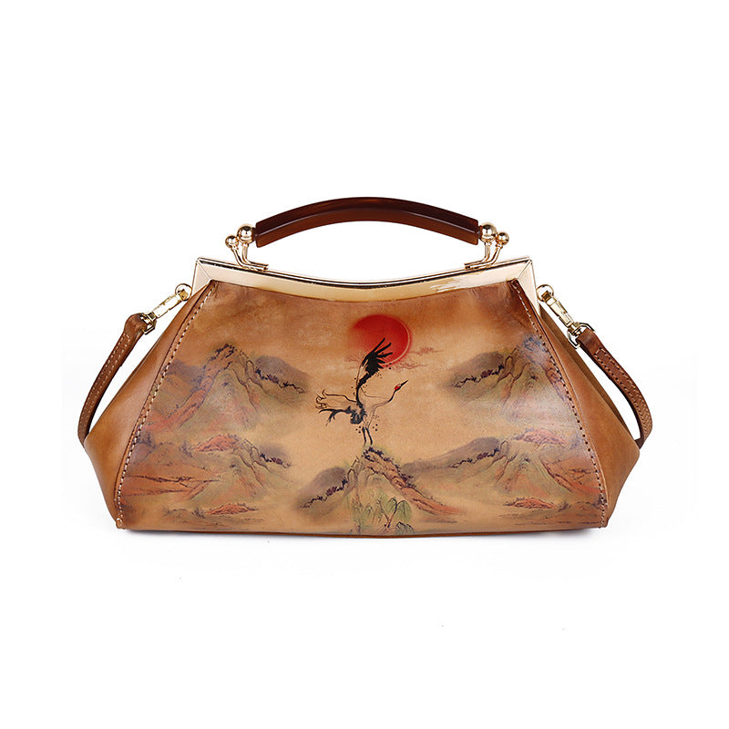 Hand-Painted Landscape Cowhide Top-Handle Bag
