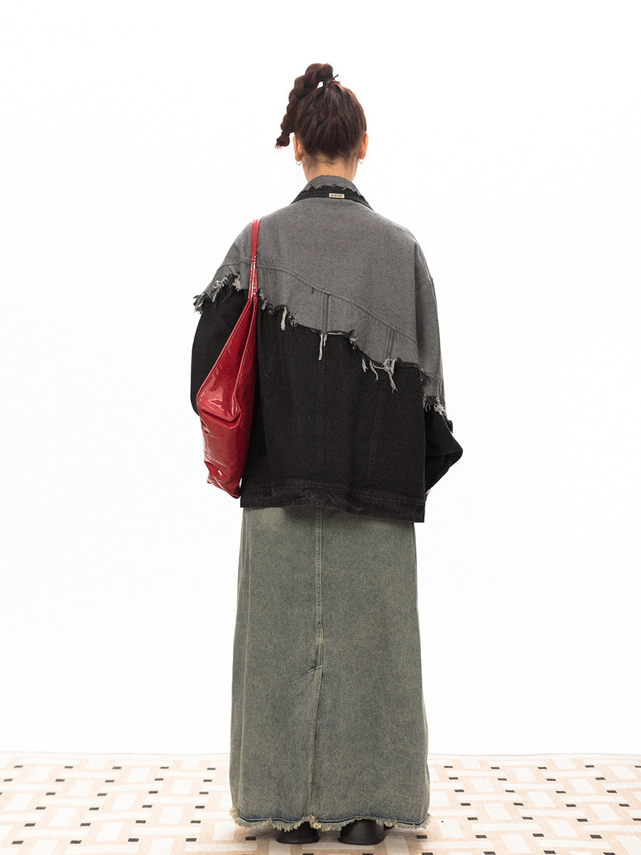 Stitching Design Contrast Color Damage Denim Coat