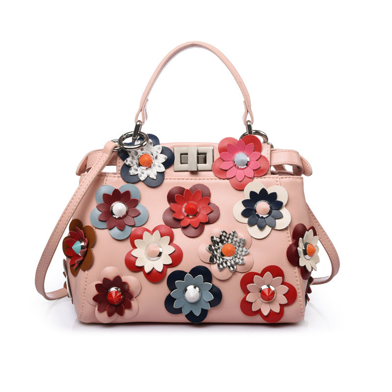 Floral-Appliqué Structured Top Handle Bag