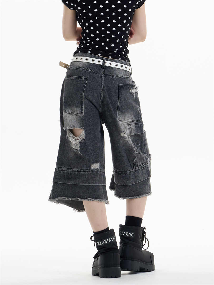 Ripped Denim Cropped Pants Women's Double Waist Loose Shorts