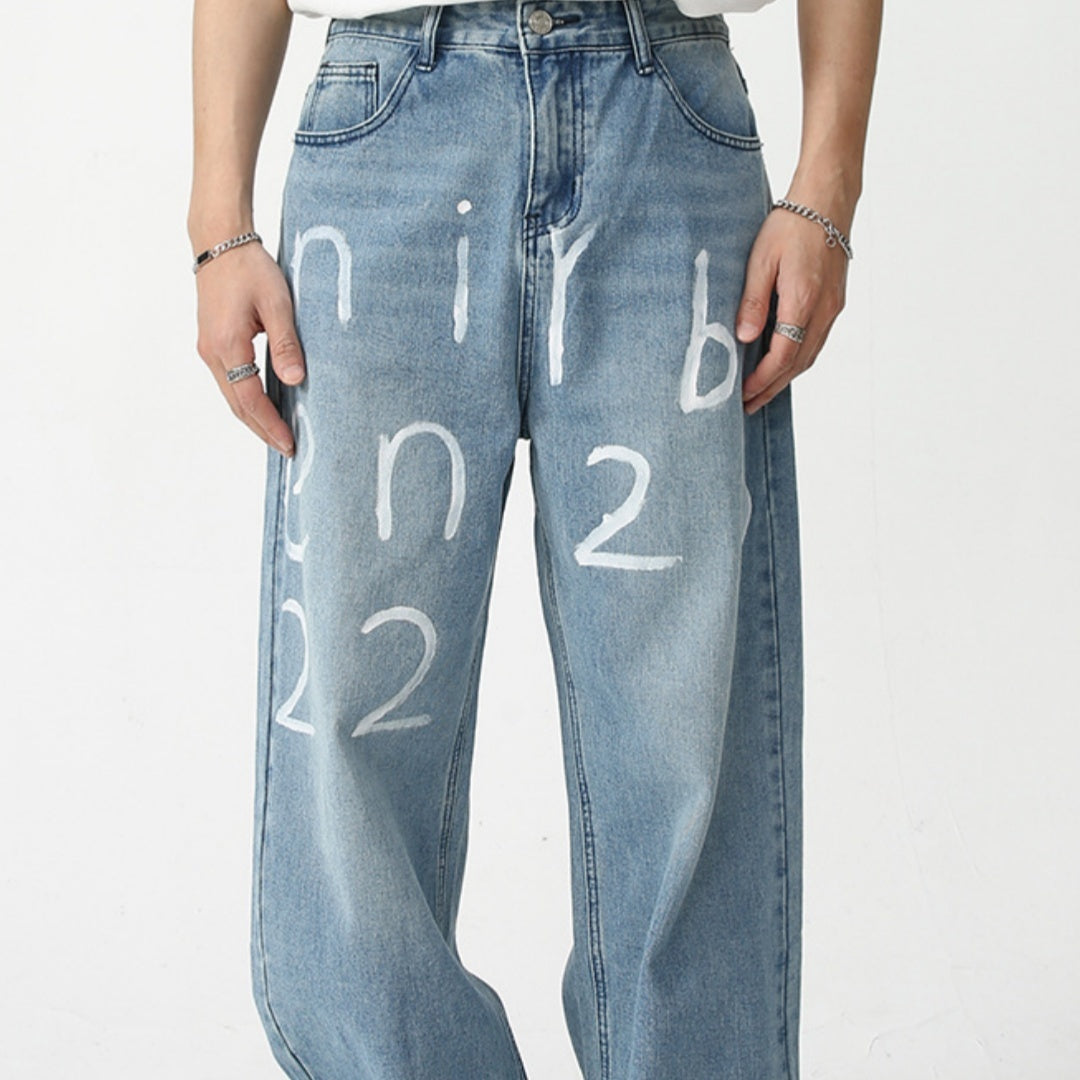 New Loose Wide-leg Mopping Jeans Personalized Digital Printing