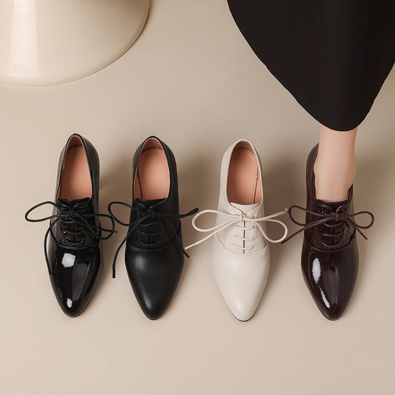 High Heel Lace-up Authentic Leather British Style Pointed Leather Shoes Mid Heel Loafers
