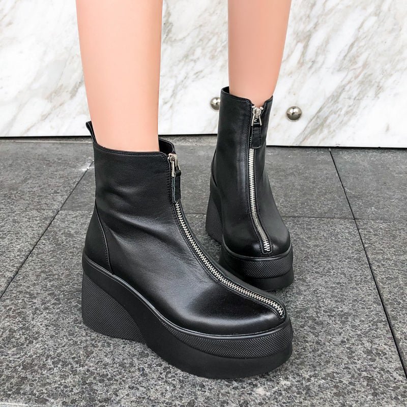 Short Boots Leather All-match Wedge Heel