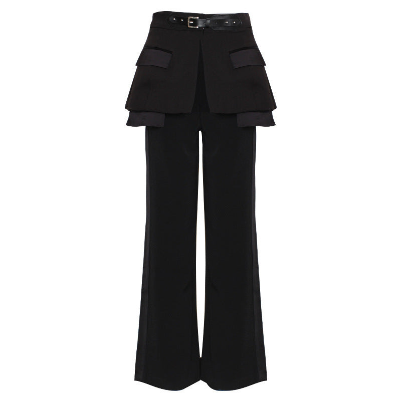 Straight-leg trousers with belt drape and girdle